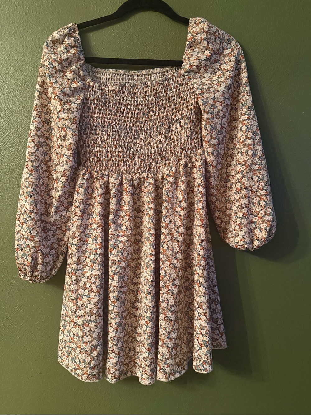 SHEIN Floral Smocked Mini Dress in White, Brown & Orange
